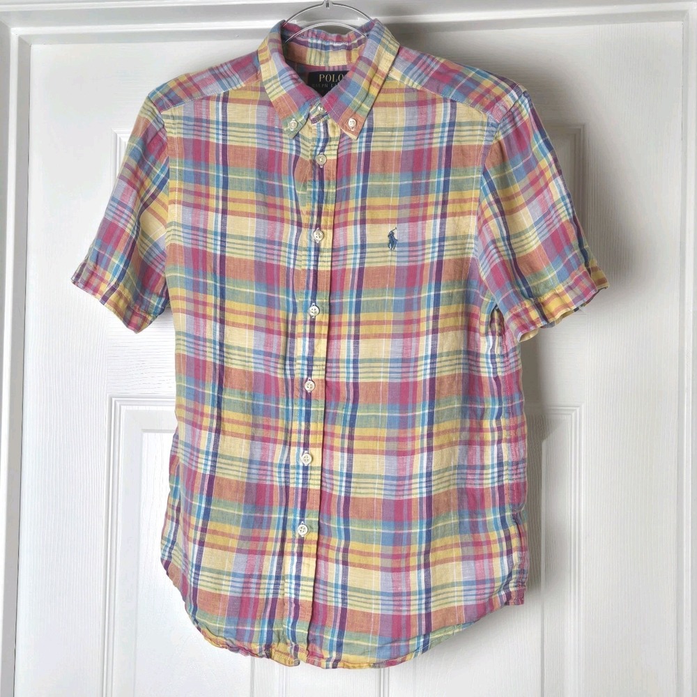 Polo Ralph Lauren Madras Plaid Linen Shirt Size Boys Size L 14-16 Button Down